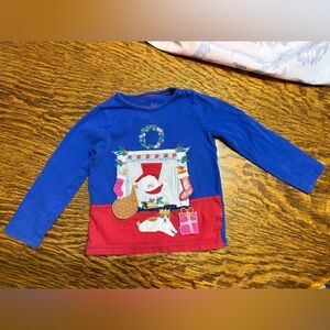 Mini Boden Festive Christmas Blue and Red Kids Shirt 3-4 years